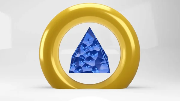 Altın yüzüklü mavi mücevher piramidinin 3 boyutlu çizimi. İnternet ve baskı için soyut mücevher sunumu. Farklı şekil ve biçimlerde soyut elmas arkaplan materyali