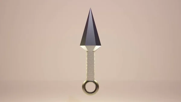 Ağ ve baskı şablonu için Ninja Kunai 'nin 3 boyutlu çizimi. Kunai (bıçak fırlatma), geleneksel Japon soğuk silahı farklı açılardan parlak bir arka planda uçuyor.