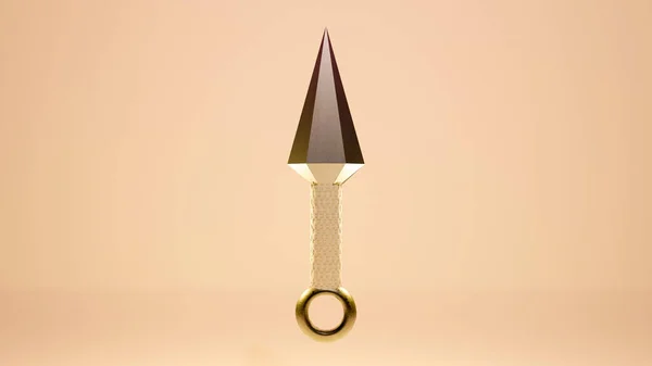 Ağ ve baskı şablonu için Ninja Kunai 'nin 3 boyutlu çizimi. Kunai (bıçak fırlatma), geleneksel Japon soğuk silahı farklı açılardan parlak bir arka planda uçuyor.