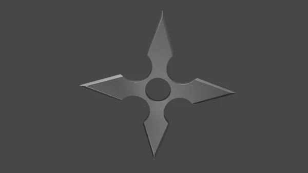 Shuriken ninja yıldızlarının ağ ve baskı şablonu için 3 boyutlu çizimi. Shuriken (fırlatan yıldız), gri arka planda farklı perspektiflerde uçan geleneksel Japon soğuk silahı.