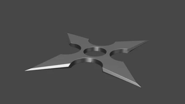 Shuriken ninja yıldızlarının ağ ve baskı şablonu için 3 boyutlu çizimi. Shuriken (fırlatan yıldız), gri arka planda farklı perspektiflerde uçan geleneksel Japon soğuk silahı.
