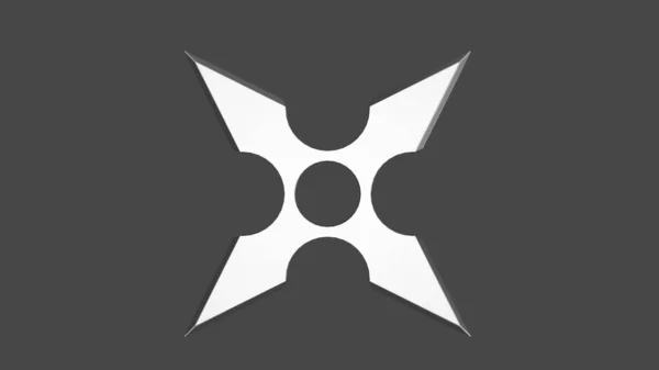 Shuriken ninja yıldızlarının ağ ve baskı şablonu için 3 boyutlu çizimi. Shuriken (fırlatan yıldız), gri arka planda farklı perspektiflerde uçan geleneksel Japon soğuk silahı.