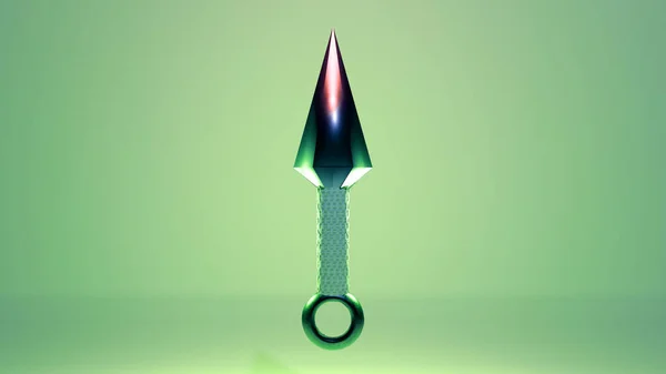 Ağ ve baskı şablonu için Ninja Kunai 'nin 3 boyutlu çizimi. Kunai (bıçak fırlatma), geleneksel Japon soğuk silahı farklı açılardan parlak bir arka planda uçuyor.