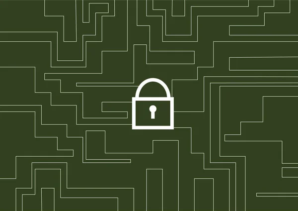 Siber güvenlik kavramı. Çizgilerden sembol kilitle ve yeşil arkaplanda dikdörtgen çiz