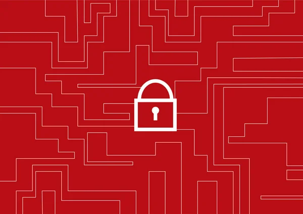 Siber güvenlik kavramı. Çizgilerden sembol kilitle ve kırmızı arkaplanda dikdörtgen çiz