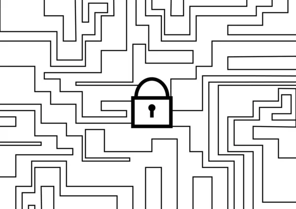 单色3D网络安全锁的概念 黑白背景光学错觉上的线条和矩形锁定符号 — 图库照片