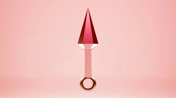 Ağ ve baskı şablonu için Ninja Kunai 'nin 3 boyutlu çizimi. Kunai (bıçak fırlatma), geleneksel Japon soğuk silahı farklı açılardan parlak bir arka planda uçuyor.