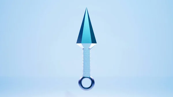 Ağ ve baskı şablonu için Ninja Kunai 'nin 3 boyutlu çizimi. Kunai (bıçak fırlatma), geleneksel Japon soğuk silahı farklı açılardan parlak bir arka planda uçuyor.