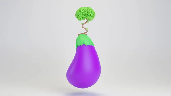 Yazdırma ve web şablonu sunumu için ağaç gövdeli 3 boyutlu patlıcan. Reklam ve sosyal medya için boşluk kopyala. Web siteleri için temiz ve yumuşak 3B model