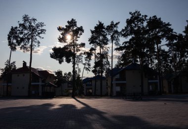 Kavurucu güneşin altında ev ve ağaçların siluetleri