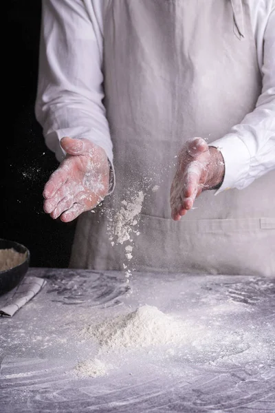 Male Chef Baker White Shirt Grey Pron Clapping Hands Flour — Stock Photo, Image