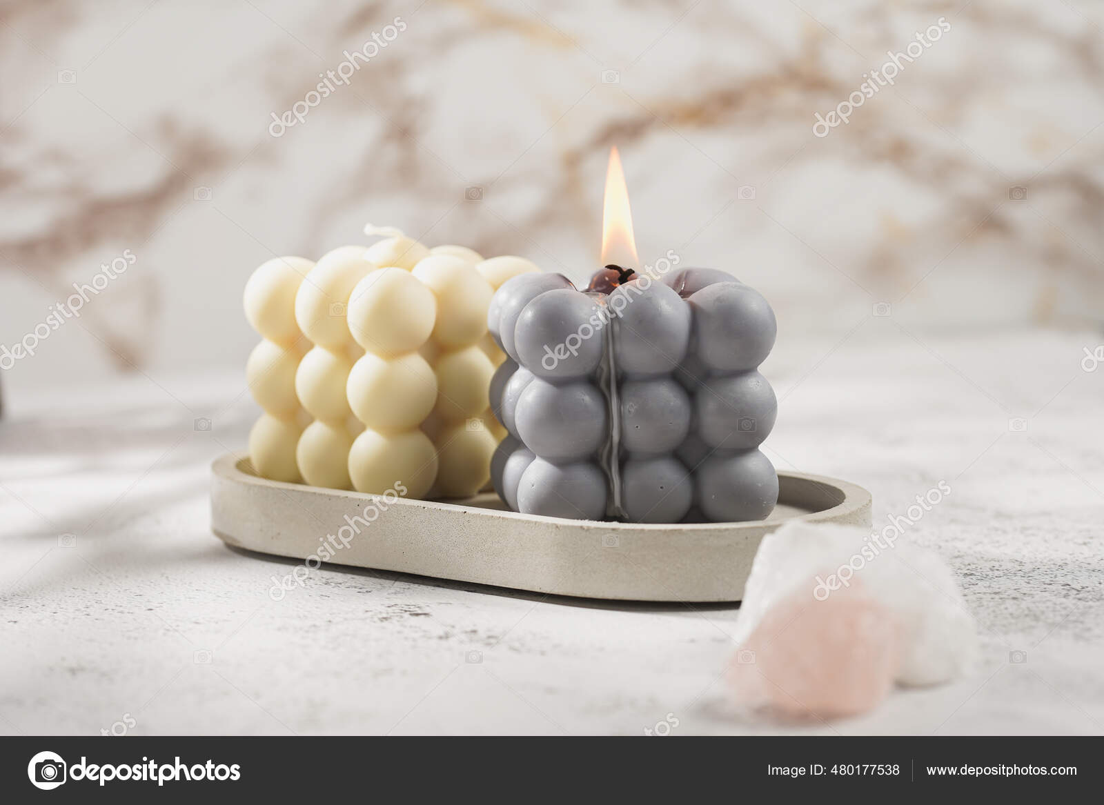 Two Grey Blue White Bubble Candles Concrete Tray Pastel Background Stock  Photo by ©romanamart 480177538