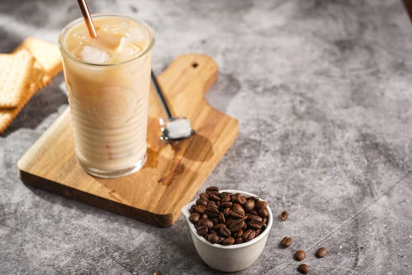 Glass Ice Cubes Milk Coffee Wooden Board Brass Straw Coffee — Stock Photo, Image