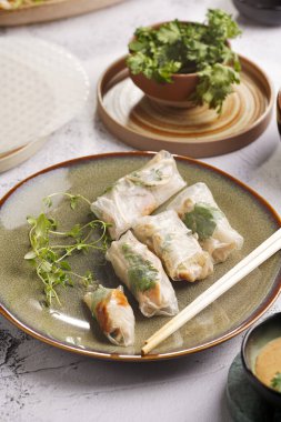 Yeşil tabakta pirinç kağıdında tavuk, havuç ve bambu filizi, susam sosu ve beton yüzeyde kişniş içeren birkaç yumurta rulosu.