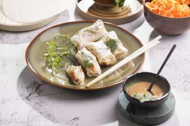 Yeşil tabakta pirinç kağıdında tavuk, havuç ve bambu filizi, susam sosu ve beton yüzeyde kişniş içeren birkaç yumurta rulosu.