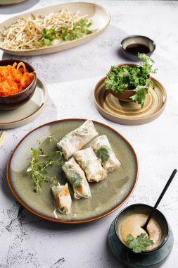 Yeşil tabakta pirinç kağıdında tavuk, havuç ve bambu filizi, susam sosu ve beton yüzeyde kişniş içeren birkaç yumurta rulosu.