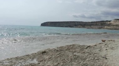 Kıbrıs kıyısı boyunca kayalık bir uçurumun görüntüsü. Taşa çarpan dalgalar ve turkuvaz suları Akdeniz kıyılarının saf güzelliğini ve gücünü yakalıyor.