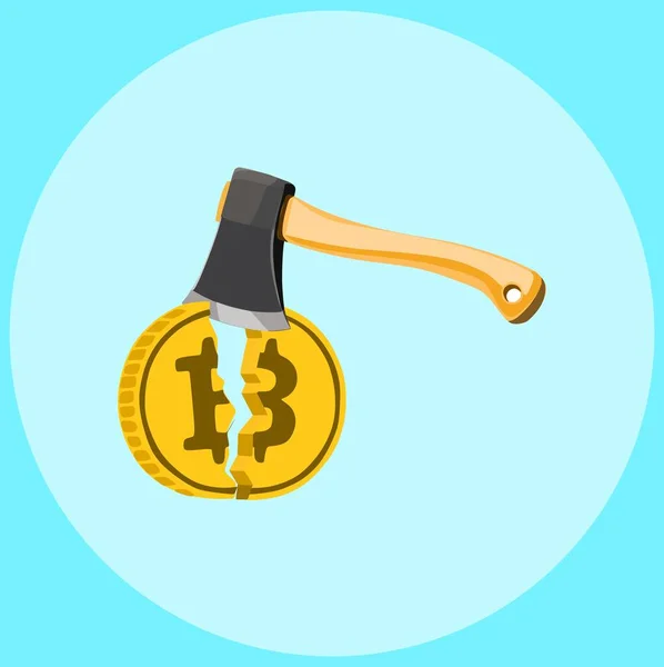 Ilustração Machado Bitcoin Corte Bitcoin Com Uma Rachadura Bitcoin Quebrado — Vetor de Stock