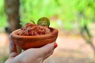 Asyalı kadın elleri süslü fesleğen yaprakları ve kireç kamaları ile ahşap bir kasede acı biber ezmesi (sambal terasi) verir. seçici odak