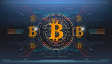 Bitcoin teknolojisi, soyut görselleştirme fütüristik bitcoin, estetik tasarım hud bitcoin arkaplan