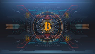 Bitcoin teknolojisi, soyut görselleştirme fütüristik bitcoin, estetik tasarım hud bitcoin arkaplan