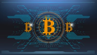 Bitcoin teknolojisi, soyut görselleştirme fütüristik bitcoin, estetik tasarım hud bitcoin arkaplan