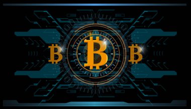 Bitcoin teknolojisi, soyut görselleştirme fütüristik bitcoin, estetik tasarım hud bitcoin arkaplan