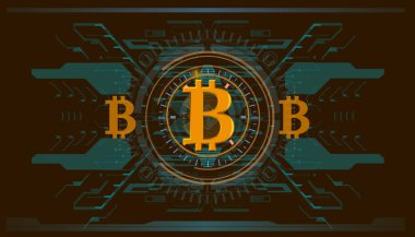 Bitcoin teknolojisi, soyut görselleştirme fütüristik bitcoin, estetik tasarım hud bitcoin arkaplan