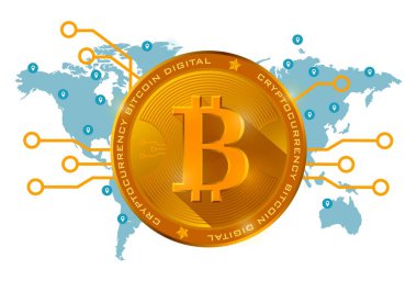 Soyut teknoloji haritası dünya dijital para ui gelecekteki Altın Bitcoin dijital para birimi arayüzü arayüzü elemanları dijital veri şeması, iletişim, teknoloji, ağ .vektörü