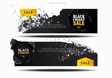 Kara Cuma indirim kuponu. Uçan parçacıklarla patlama dalgası. Patlayıcı kupon satışı.