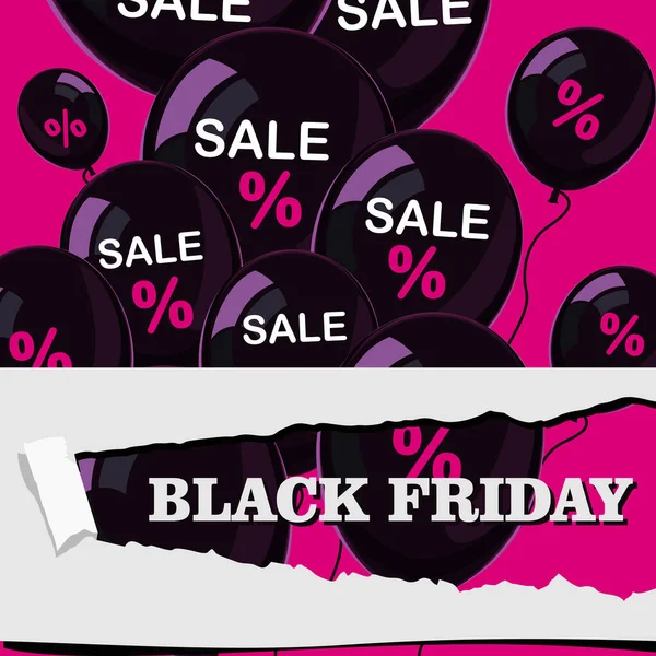 Black Friday Sale Poster Black Shiny Balloons Pink Background Flat — Stock Vector