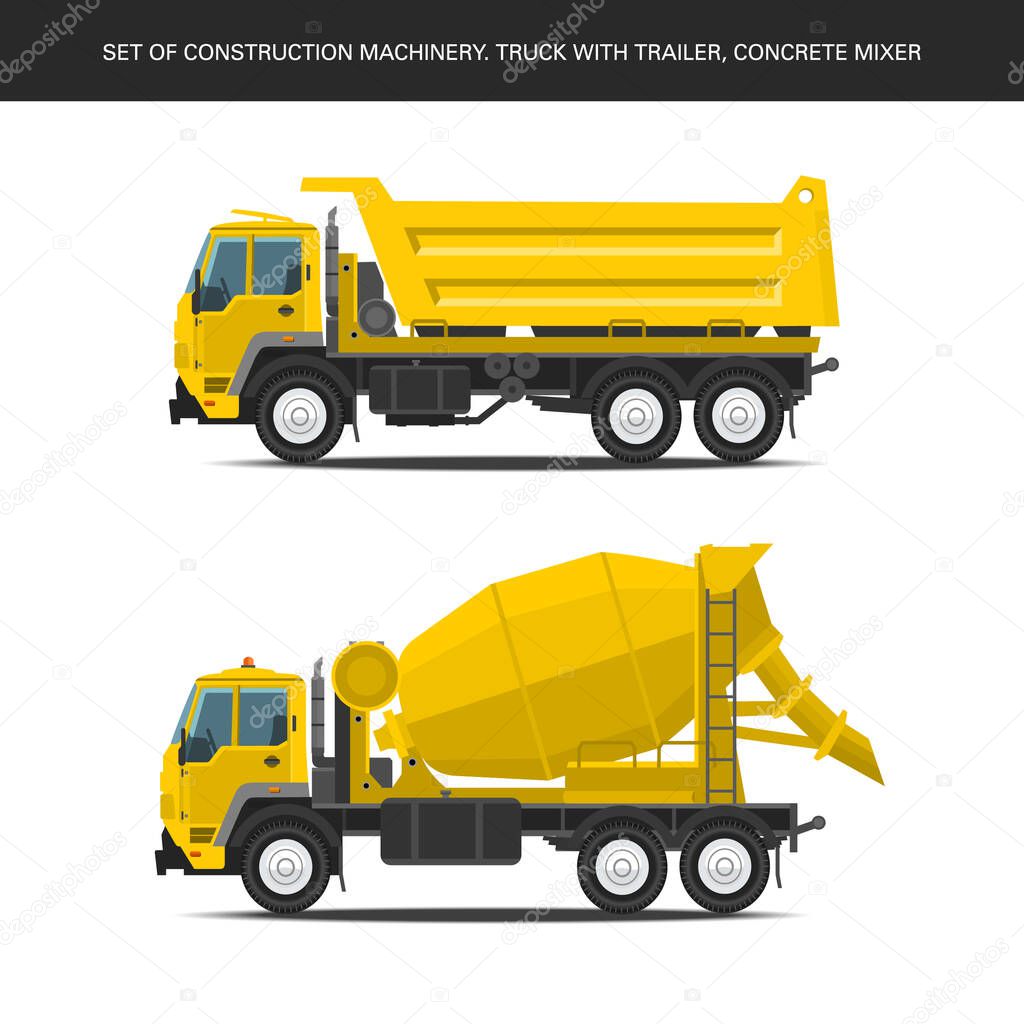 Set of construction machinery. Truck with trailer, concrete mixer.