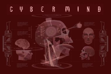 Kafası düşük siber zihin konsepti posteri. HUD ile geleceksel illüstrasyon