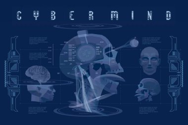 Kafası düşük siber zihin konsepti posteri. HUD ile geleceksel illüstrasyon