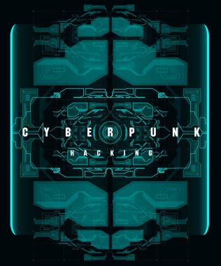 Siber Punk Hackleme fütüristik afişi fütüristik HUD elemanları, soyut arka plan. İnternet ve baskı için modern broşür. Hackleme, siber alan.