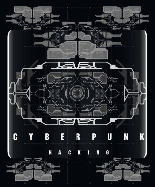 Siber Punk Hackleme fütüristik afişi fütüristik HUD elemanları, soyut arka plan. İnternet ve baskı için modern broşür. Hackleme, siber alan.