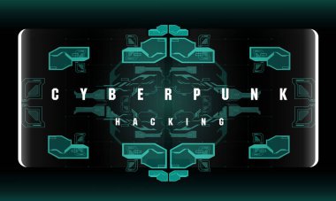 Siber Punk Hackleme fütüristik afişi fütüristik HUD elemanları, soyut arka plan. İnternet ve baskı için modern broşür. Hackleme, siber alan.