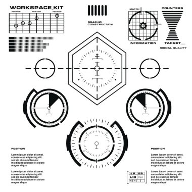 Düz tasarımda gelecekçi siyah-beyaz HUD, sanal dokunmatik kullanıcı arayüzü