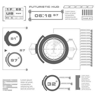 Düz tasarımda gelecekçi siyah-beyaz HUD, sanal dokunmatik kullanıcı arayüzü
