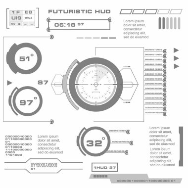 Düz tasarımda gelecekçi siyah-beyaz HUD, sanal dokunmatik kullanıcı arayüzü