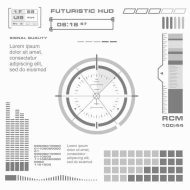 Düz tasarımda gelecekçi siyah-beyaz HUD, sanal dokunmatik kullanıcı arayüzü