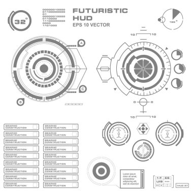 Düz tasarımda gelecekçi siyah-beyaz HUD, sanal dokunmatik kullanıcı arayüzü