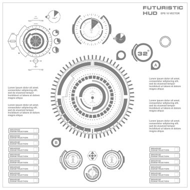 Düz tasarımda gelecekçi siyah-beyaz HUD, sanal dokunmatik kullanıcı arayüzü