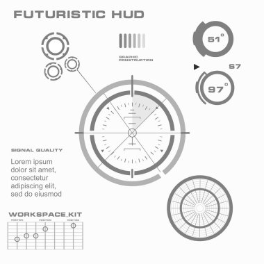 Düz tasarımda gelecekçi siyah-beyaz HUD, sanal dokunmatik kullanıcı arayüzü