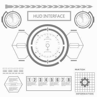 Düz tasarımda gelecekçi siyah-beyaz HUD, sanal dokunmatik kullanıcı arayüzü