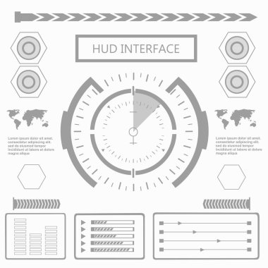Düz tasarımda gelecekçi siyah-beyaz HUD, sanal dokunmatik kullanıcı arayüzü