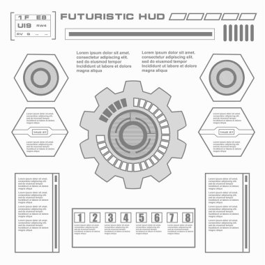 Düz tasarımda gelecekçi siyah-beyaz HUD, sanal dokunmatik kullanıcı arayüzü