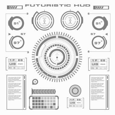 Düz tasarımda gelecekçi siyah-beyaz HUD, sanal dokunmatik kullanıcı arayüzü
