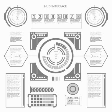 Düz tasarımda gelecekçi siyah-beyaz HUD, sanal dokunmatik kullanıcı arayüzü