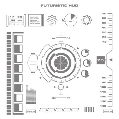 Düz tasarımda gelecekçi siyah-beyaz HUD, sanal dokunmatik kullanıcı arayüzü